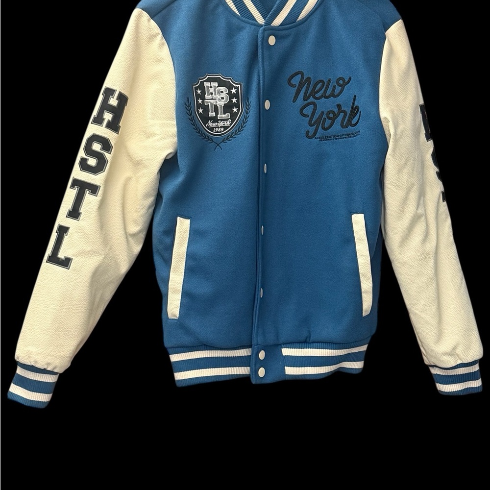 Black Brand Blue and Cream Bomber Jacket